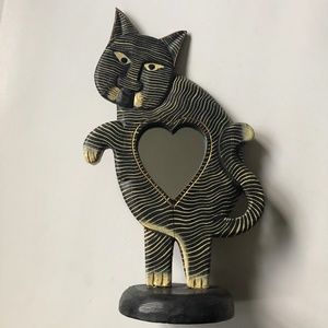 Wooden Cat with Heart Mirror/Photo Frame